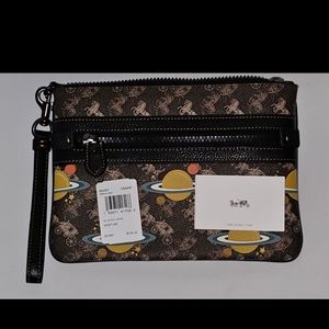 New Coach Horse & Carriage Large Front Zip Wristlet with Planets Brown/Black